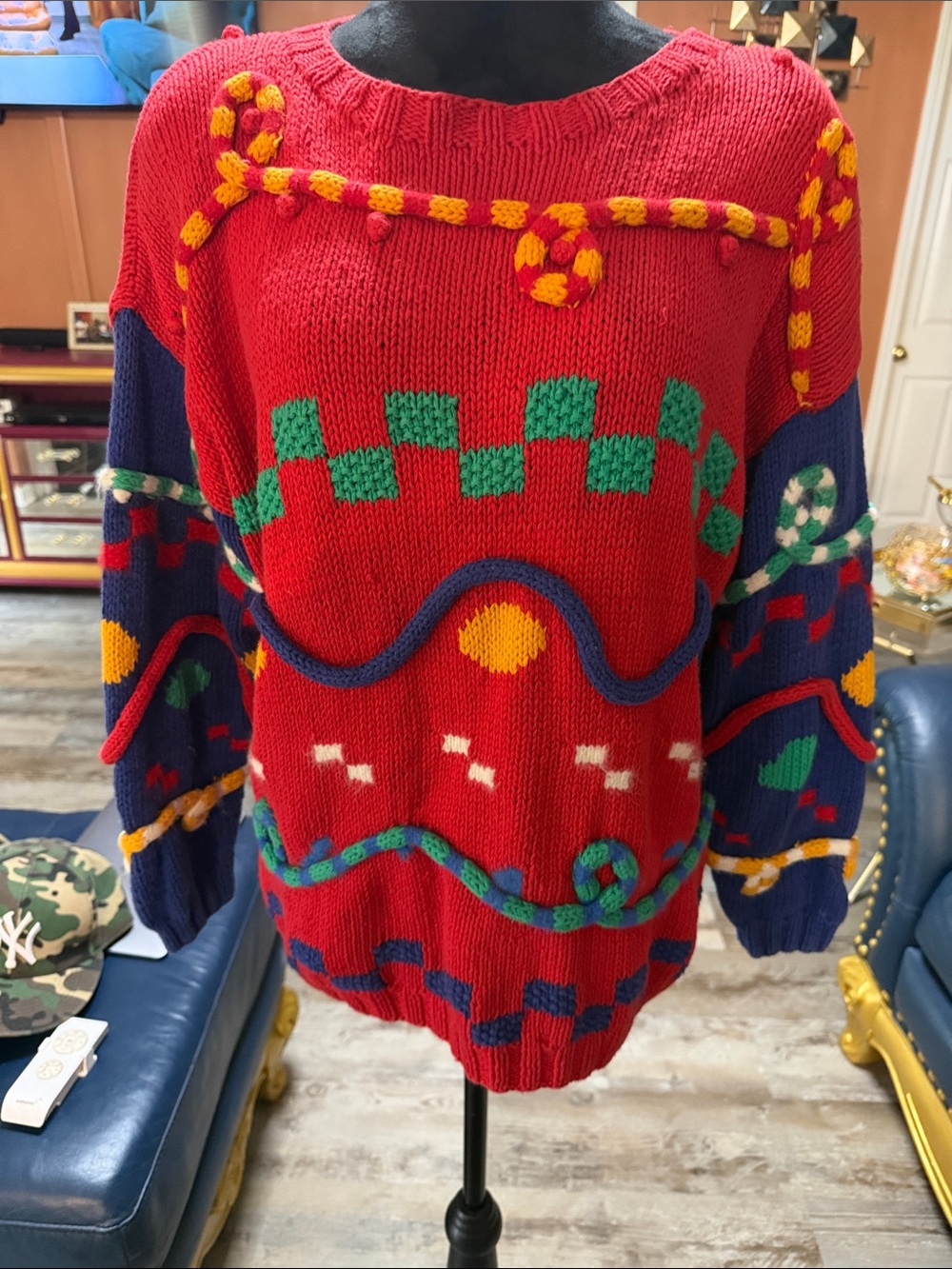 Vintage Red Patterned Knit Sweater with Multicolor Accents